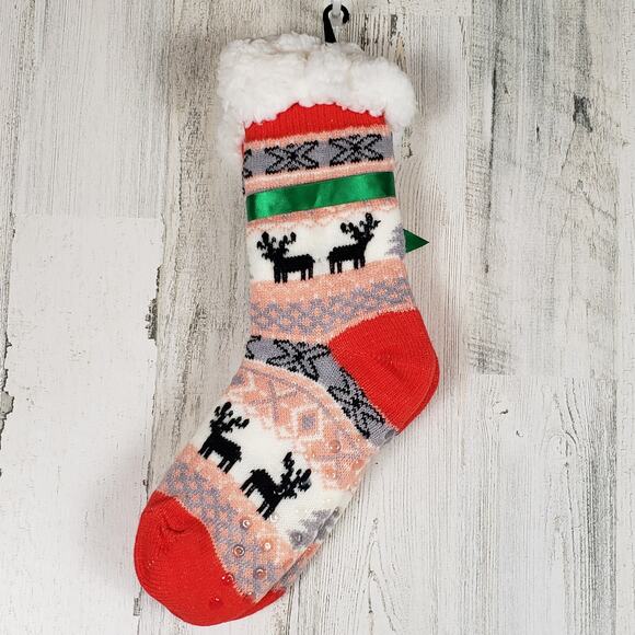 NWT Mari Clare Sherpa Lined Knit Winter Reindeer Design No-Slip Slipper Socks - Picture 6 of 6